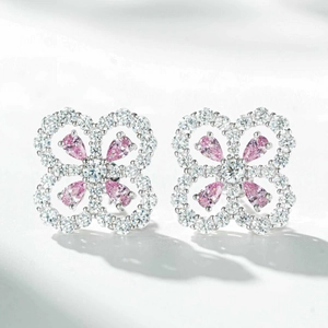 Macro view of clover stud earrings with pink pear-cut gemstones and S925 silver finish