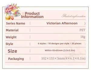 Detailed product specifications for Victorian Afternoon PET tea party stickers 20 sheets