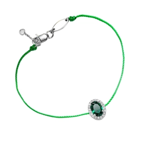 Bracelet en cordon vert élégant avec émeraude ovale et entourage de cristaux fins