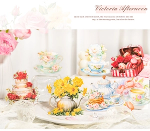 Victoria Afternoon PET stickers with hand-drawn vintage tea cups and rose cakes for DIY scrapbooking