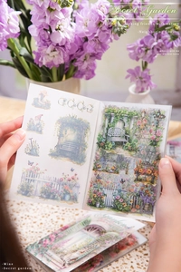 Detail of vintage Secret Garden PET stickers featuring botanical garden illustrations