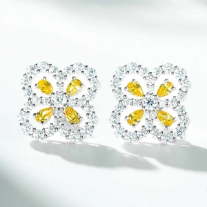 Sparkling S925 silver clover earrings with yellow pear-cut stones and zircon pave setting