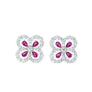 Elegant silver four-leaf clover stud earrings with red pear-cut stones and zircon halo
