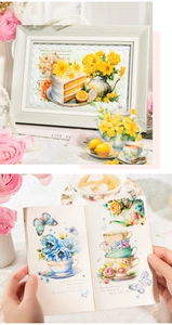 Detail of vintage Victorian tea set PET stickers applied to a DIY creative journal page