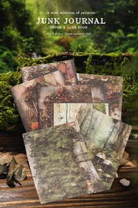 Détails de papier de scrapbooking thème forêt vintage sur fond de bois et mousse