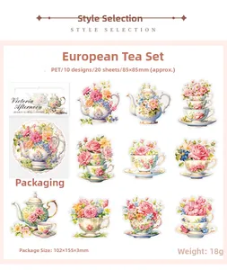 Detail showing 20 pieces of PET Victorian afternoon tea set stickers for DIY scrapbooking
