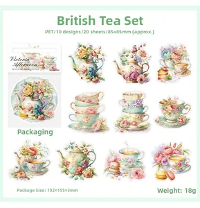 Detail view of Victoria Afternoon PET stickers featuring watercolor teapots and floral designs