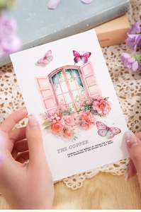 Detail of PET sticker with vintage window and roses for creative scrapbooking