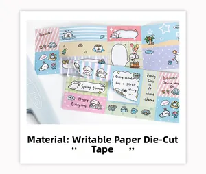 Detailed macro of writable paper tape with cute animal illustrations for journaling