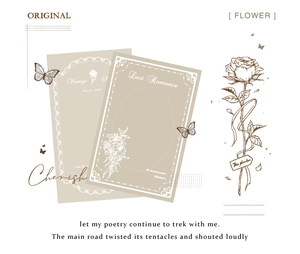 Detail of vintage floral stickers and memo cards with butterfly motifs for journaling