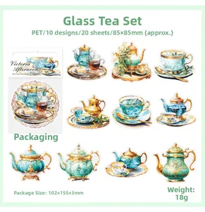 Detail of Victoria Afternoon PET stickers featuring vintage glassware and teaware designs