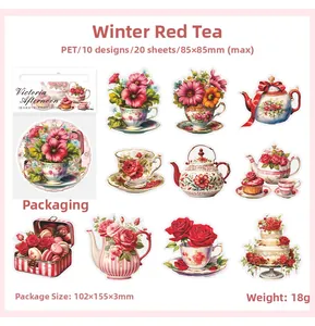 Detailed PET stickers showing tea sets and desserts for scrapbooking and DIY decor