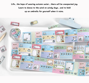 Detailed view of colorful cartoon washi tape with cute sea life and puppy patterns