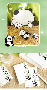 Close-up of cute panda stationery stickers and memo pads in a decorative basket