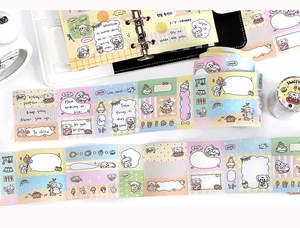 Detail of macaron-colored washi tape with cute puppies, food illustrations and writing space