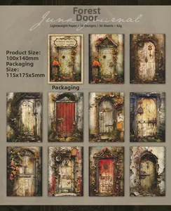 Vue macro de papier de scrapbooking vintage avec motifs de portes de forêt ornées