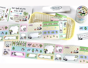 Detail of panda themed washi tape with cute illustrations for journaling decoration