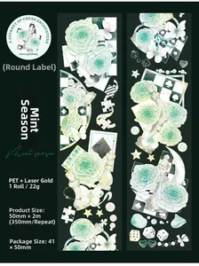 Detail des Mint Season PET-Bandes mit Goldfolie, Schachfiguren und Rosen