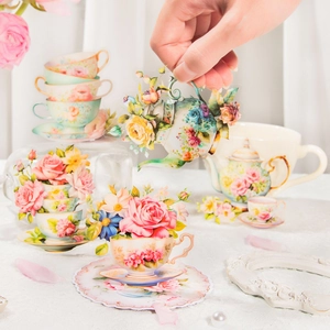 Vintage PET floral teapot stickers for scrapbooking with transparent edges and roses