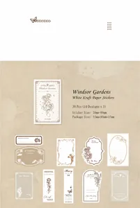Detail view of 30pcs vintage Windsor Gardens stickers on white kraft paper for DIY crafts