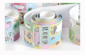 Macro detail of cartoon animal washi tape rolls with pastel colors and cute illustrations