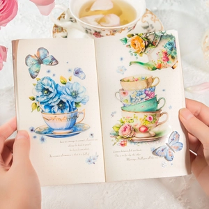 Victoria Afternoon PET stickers with watercolor tea cups and butterfly designs for DIY journals