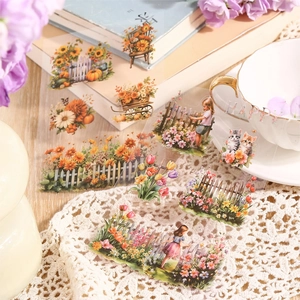 Vintage PET stickers with hand-drawn garden motifs on white lace and tea set background