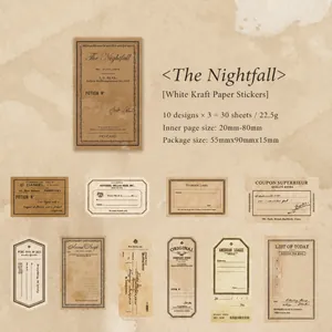 Detail of vintage Nightfall scrapbooking stickers in matchbox-style craft paper packaging