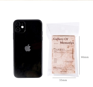 Detailed size comparison of 90mm x 55mm vintage decorative stickers next to a mobile phone