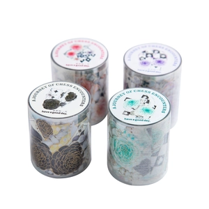 Vierer-Set dekorative PET-Klebebänder mit Blumen- und Schachmotiven und edler Goldprägung