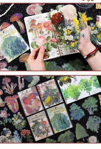 Dettagli di adesivi PET vintage con funghi e fiori e finitura laser per scrapbooking