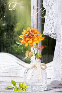 Detailed close-up of large iridescent shell-light floral PET sticker on glass bottle