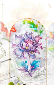 Detail of PET floral sticker with iridescent shell light finish on a glass surface