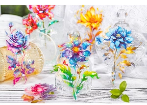 Detailed PET flower stickers with holographic shell luster on a decorative glass jar