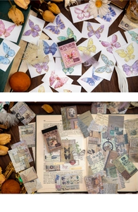 Macro view of vintage butterfly stickers and retro scrapbook paper with floral motifs