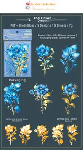 Detail of dream floral PET stickers with shell light finish and golden blue patterns