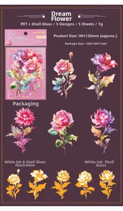 Macro detail of pearlescent PET flower stickers with shell light effect and realistic roses