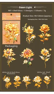 Macro detail of shell light flower PET stickers with elegant golden metallic luster