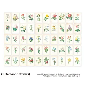 50-piece set of vintage floral washi stickers with aesthetic flower illustrations