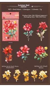 Macro detail of PET floral stickers with shell light finish and white ink patterns