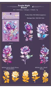 Macro detail of PET dream flower stickers with shell light finish and white ink texture