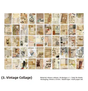 Grid layout showing 50 vintage stickers featuring floral, antique and newspaper motifs