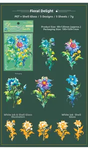 Detail of PET floral stickers featuring shell light effect and white ink printing process