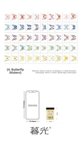 Macro display of 50 vintage butterfly stickers showing size comparison with iPhone X