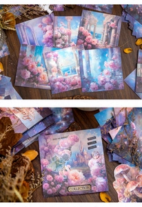Detailed view of dreamy vintage scrapbooking paper with floral and castle motifs