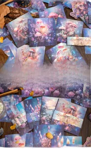 Macro detail of vintage starry mushroom scrapbooking paper with fantasy glowing textures