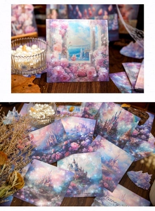 Macro shot of vintage dreamy purple starry aesthetic scrapbooking paper with castle designs