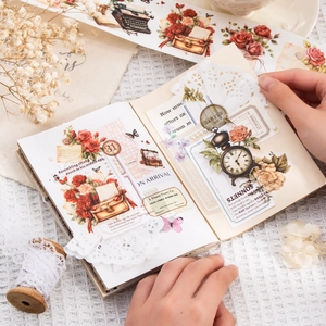 Vintage floral washi tape set featuring retro roses, typewriters, and butterflies for journaling