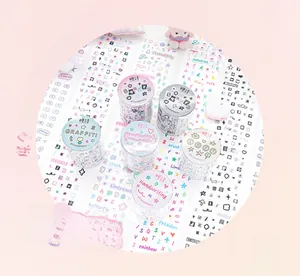 Detail of cute scrapbooking washi tape set with alphabet and doodle patterns