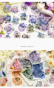 Détails macro d'autocollants PET floraux vintage aux motifs de fleurs réalistes pour scrap